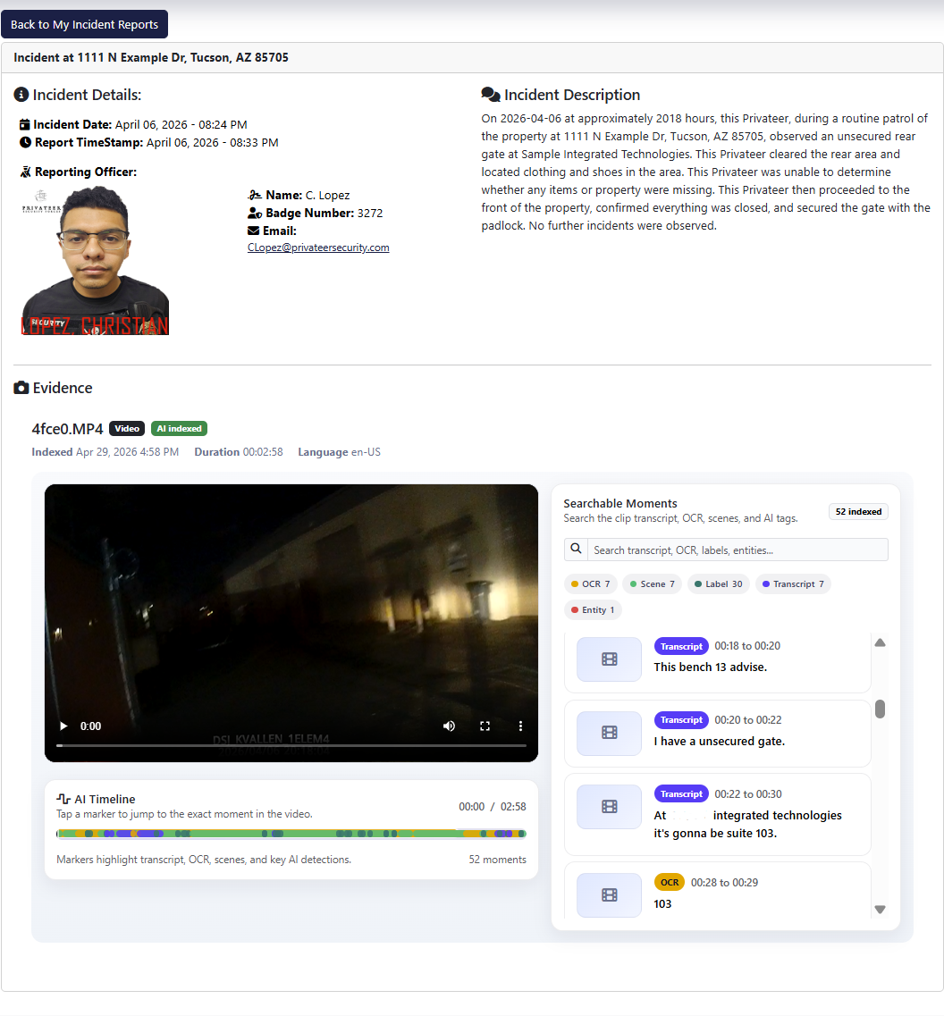Sample incident report shown in the Full Sail client portal with incident details, evidence, searchable moments, and AI timeline.